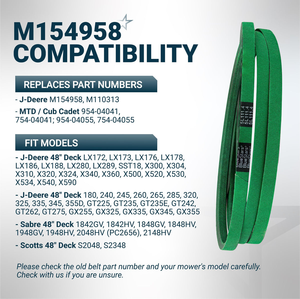M154958 secondary mower deck belt compatibility chart for John Deere 48-inch decks and replacement part numbers.