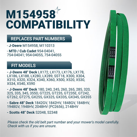 M154958 secondary mower deck belt compatibility chart for John Deere 48-inch decks and replacement part numbers.