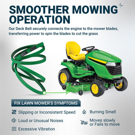 M154958 secondary mower deck belt shown with a John Deere lawn tractor and list of common mower repair symptoms.