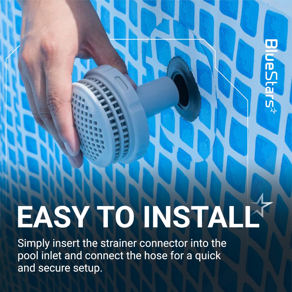 Hand installing a 1-1/4 inch pool strainer connector into an above ground pool inlet.