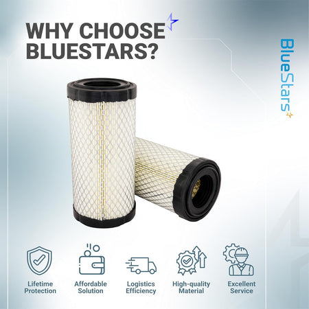 11013-1290 Air Filter 2-pack shown with two cylindrical filters and BlueStars benefits icons