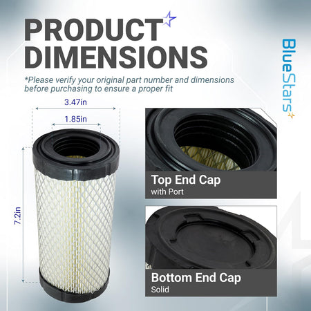 11013-1290 air filter product dimensions diagram showing 3.47in diameter, 1.85in port, 7.2in height, top and bottom caps