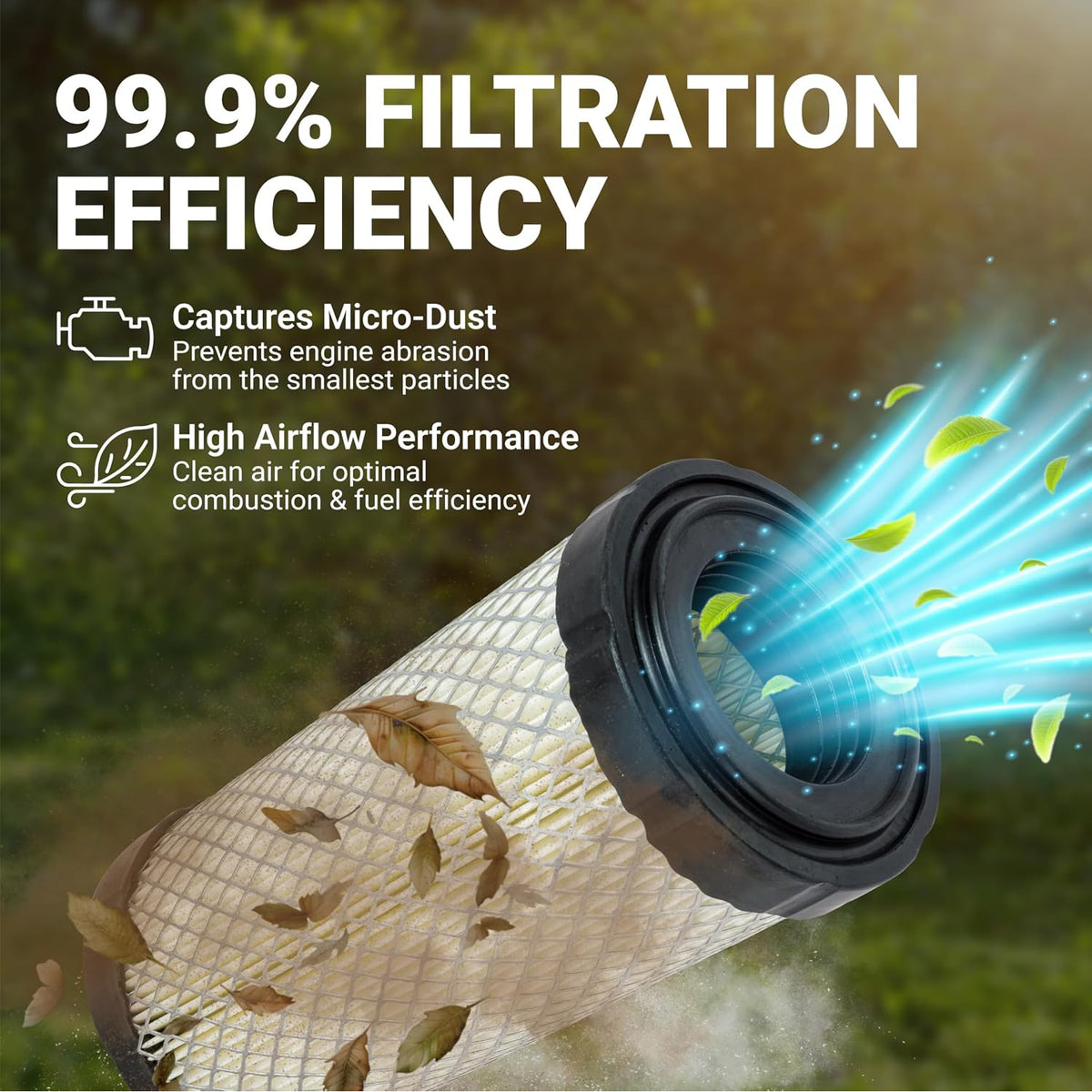 11013-1290 Air Filter graphic showing 99.9% filtration efficiency, dust capture, and high airflow performance