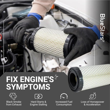 11013-1290 Air Filter shown being installed in an engine compartment, with a close-up and engine symptom graphics
