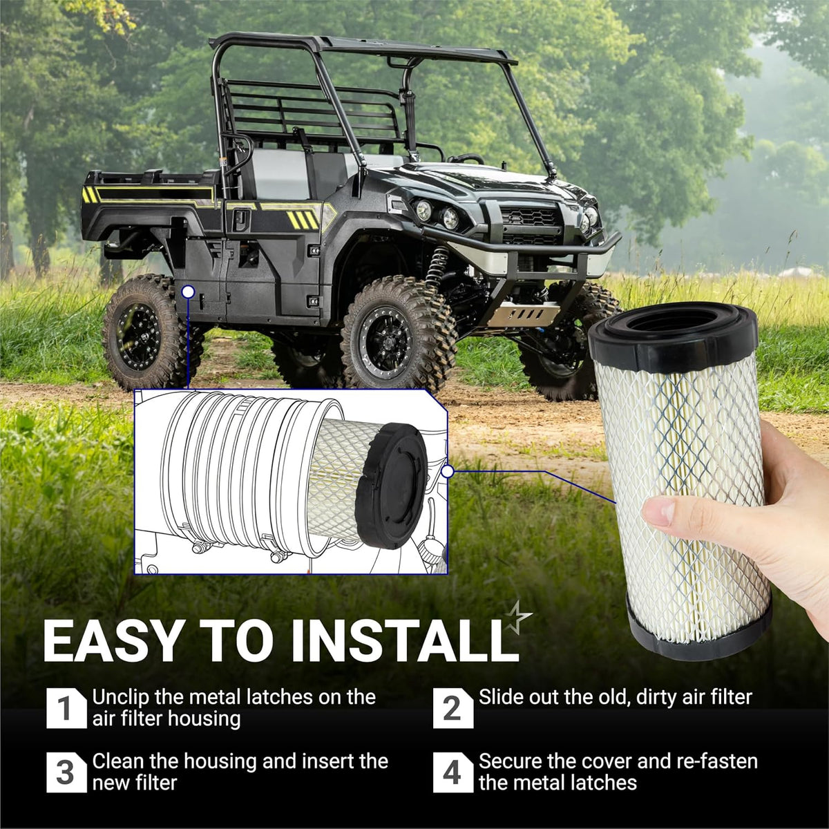 11013-1290 Air Filter 2-Pack shown with a Kawasaki Mule and illustrated installation steps; filter held in hand