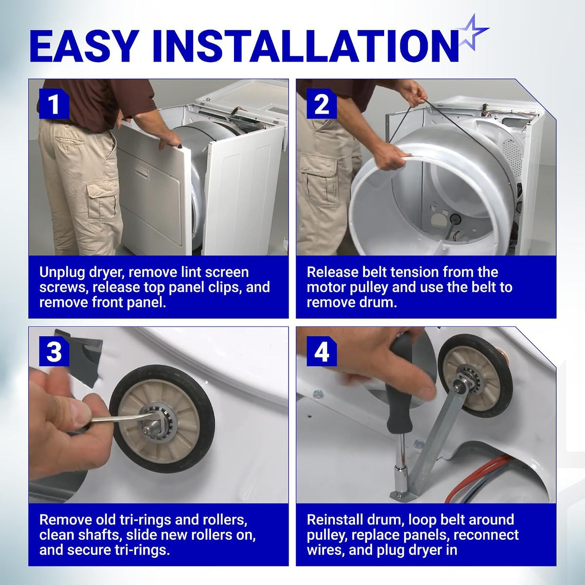 4581EL2002C Dryer Drum Roller Assembly, four-step easy installation guide for replacing dryer drum rollers