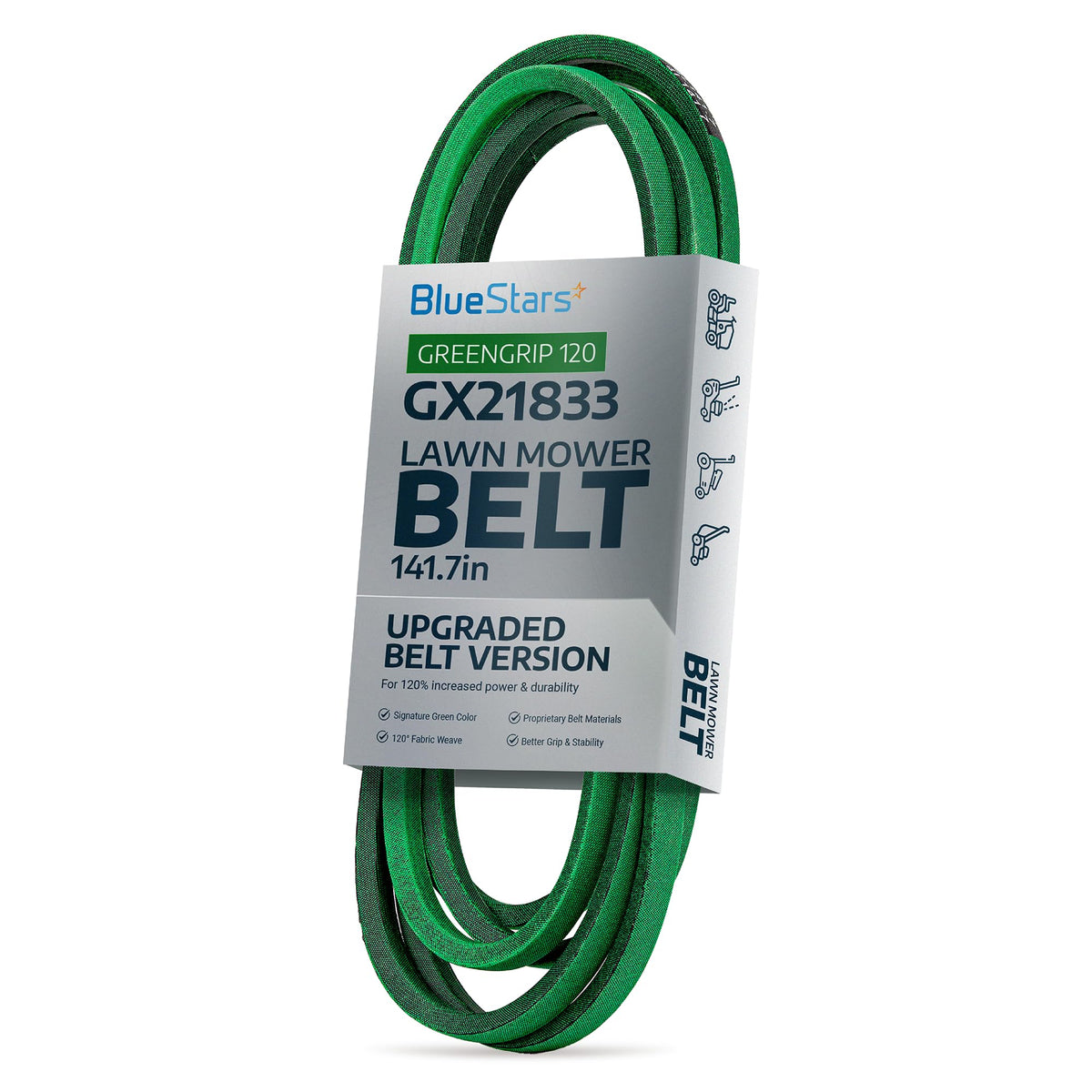 BlueStars GX21833 green mower deck belt in branded packaging for 48-inch lawn mower decks.