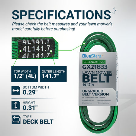 GX21833 mower deck belt specifications chart showing dimensions, 1/2 inch width, and 141.7 inch length.