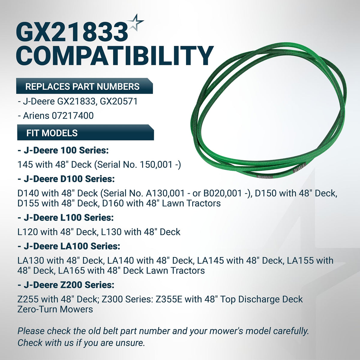 GX21833 mower deck belt compatibility chart for John Deere 48-inch deck lawn tractors and zero-turn mowers.