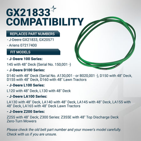 GX21833 mower deck belt compatibility chart for John Deere 48-inch deck lawn tractors and zero-turn mowers.