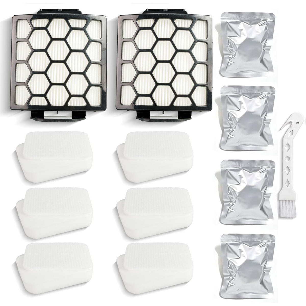 ZU102 Filter Replacement Kit showing two large filters, six white foam filters, four packaged filters, and a cleaning brush