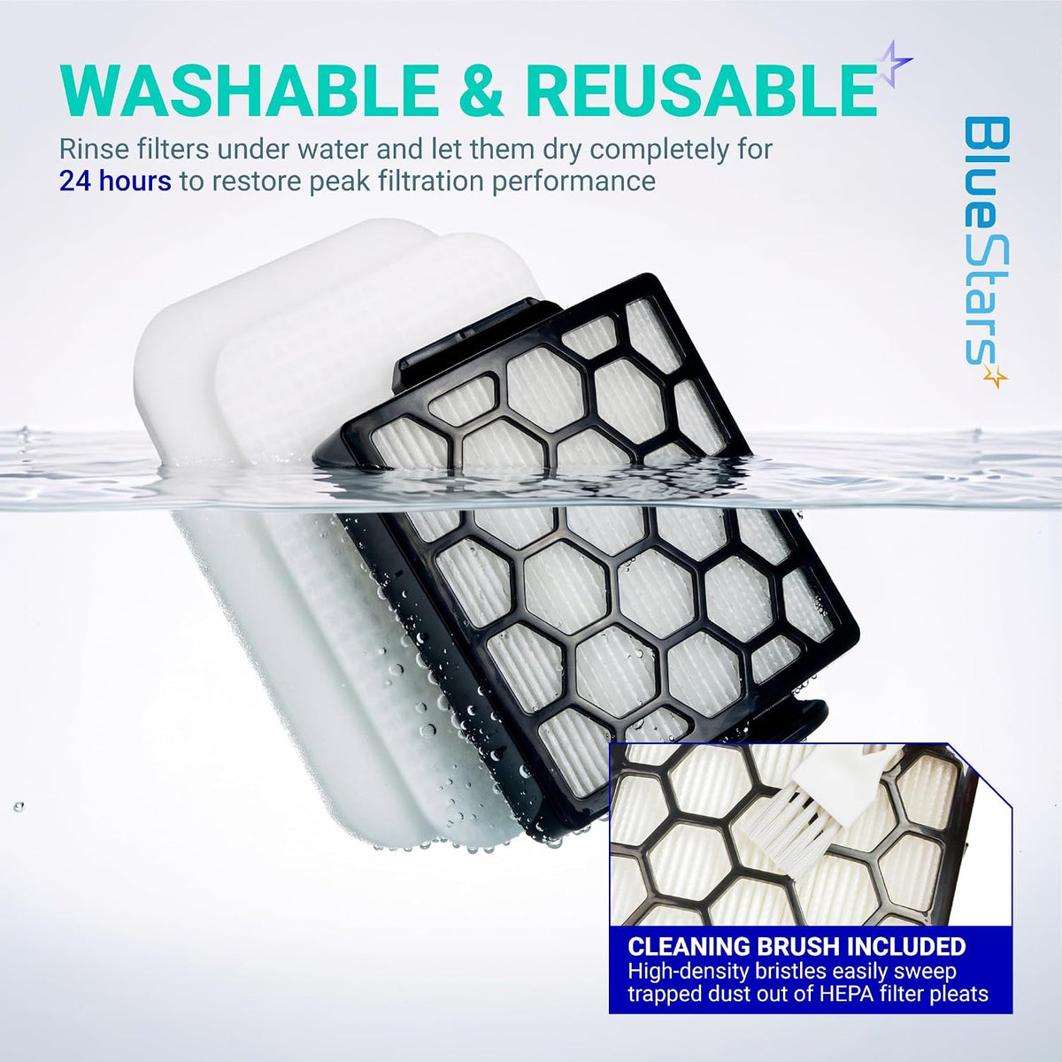 ZU102 filter replacement kit with washable filters submerged in water and included cleaning brush shown