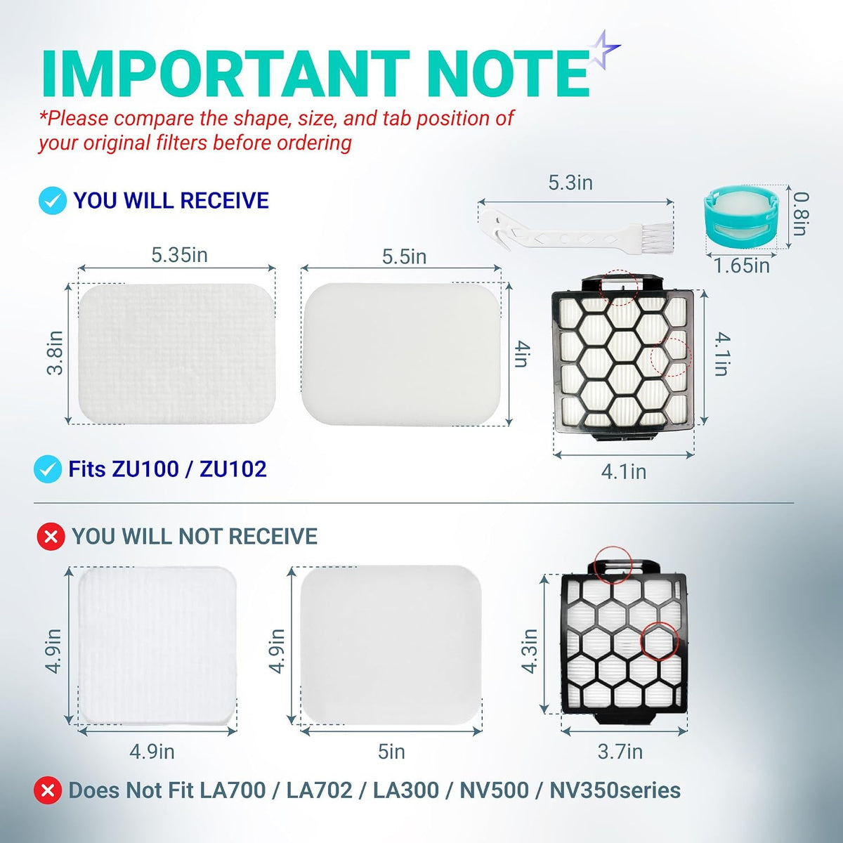 ZU102 Filter Replacement Kit dimensions diagram comparing ZU100/ZU102 filters with non-compatible sizes