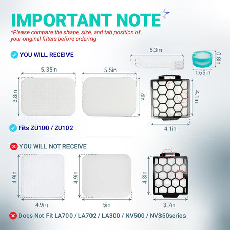 ZU102 Filter Replacement Kit dimensions diagram comparing ZU100/ZU102 filters with non-compatible sizes