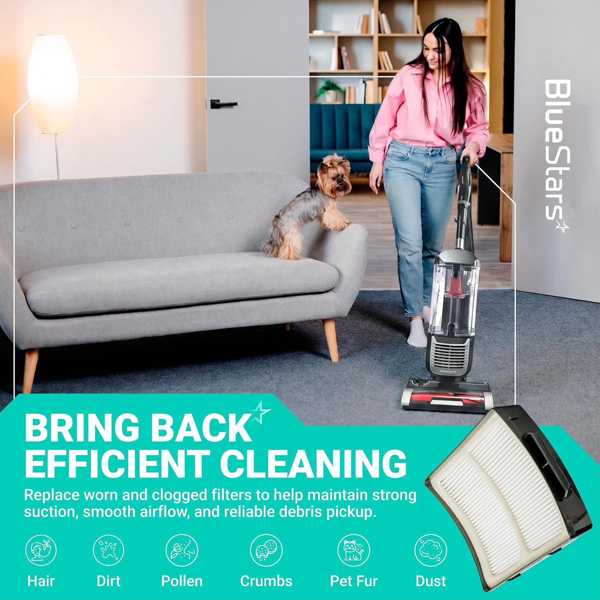 ZU102 Filter Replacement Kit lifestyle graphic with Shark upright vacuum, replacement filter, and cleaning benefit icons