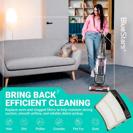 ZU102 Filter Replacement Kit lifestyle graphic with Shark upright vacuum, replacement filter, and cleaning benefit icons