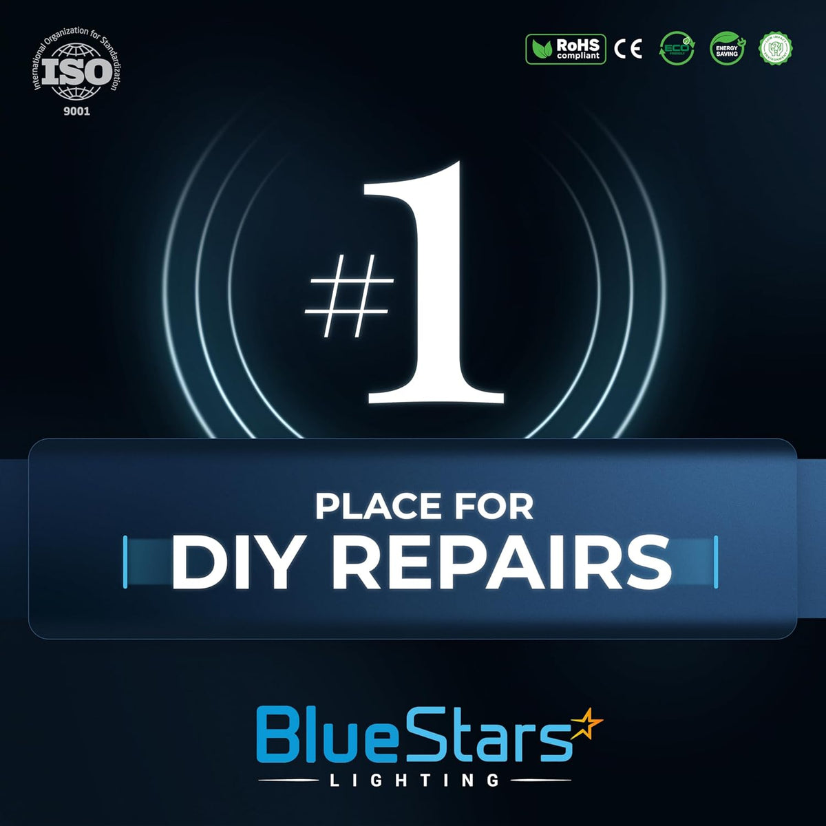 BlueStars Lighting promotional graphic for DIY refrigerator light bulb repairs.