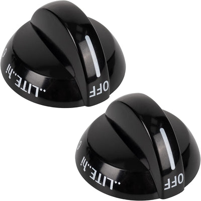 Set of two black Frigidaire range gas stove burner replacement knobs with white indicator markings.