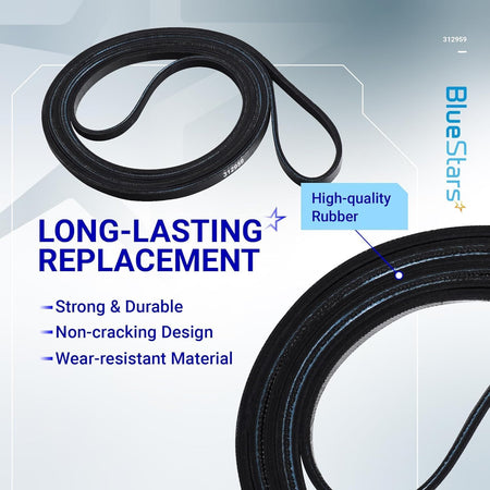 Y312959 Dryer Tumbler & Motor Belt shown as black replacement belts with long-lasting rubber callouts