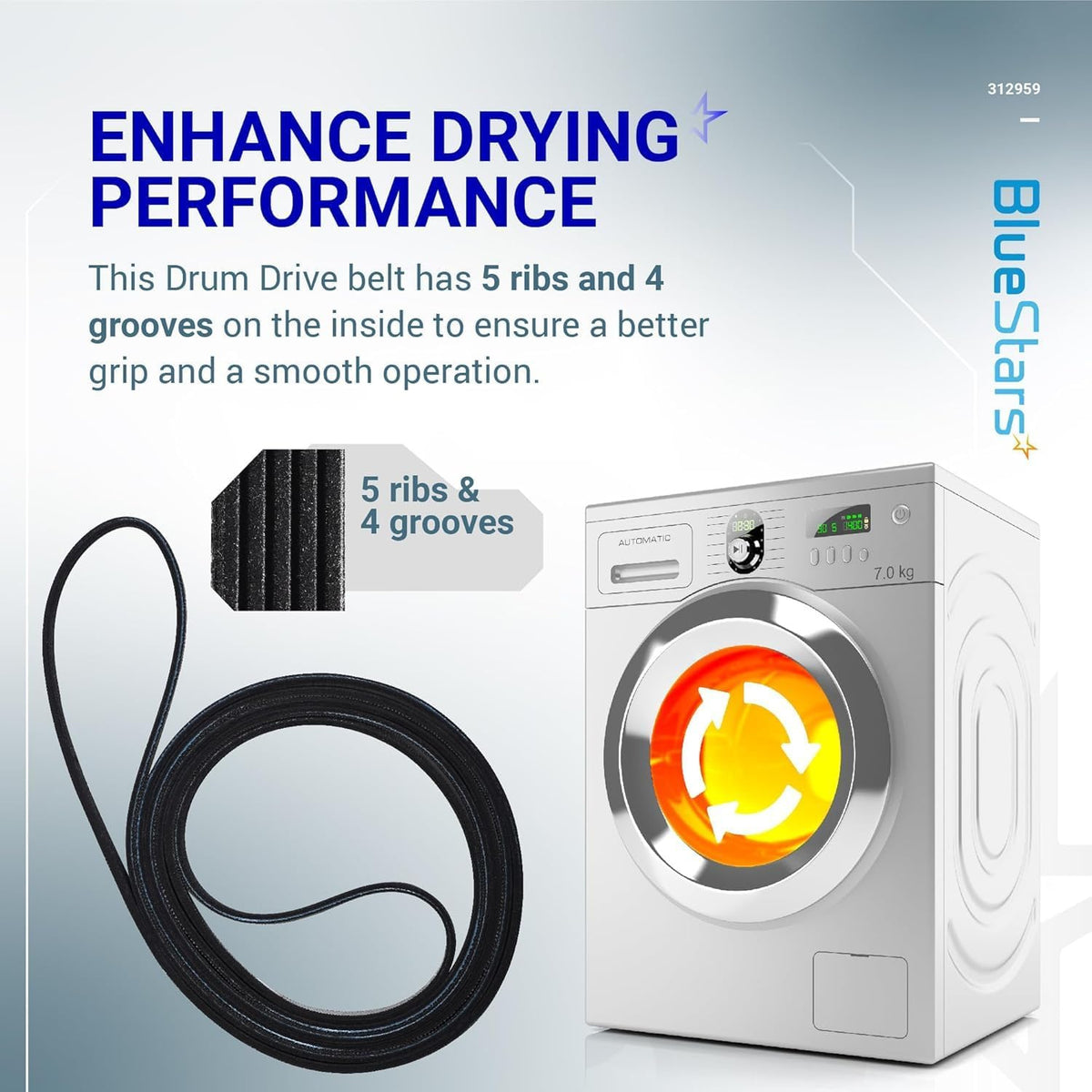 Y312959 Dryer Tumbler & Motor Belt, belt shown beside a dryer with 5 ribs and 4 grooves