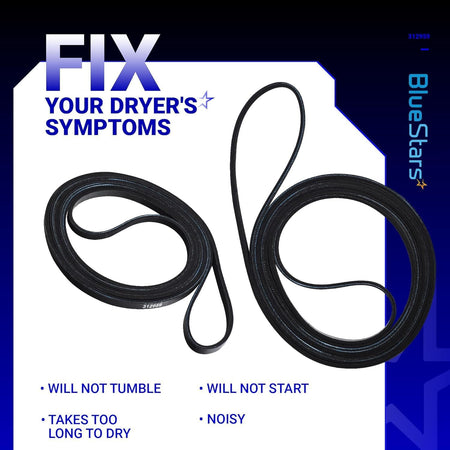 Y312959 Dryer Tumbler & Motor Belt, two belts shown with packaging listing common dryer symptoms