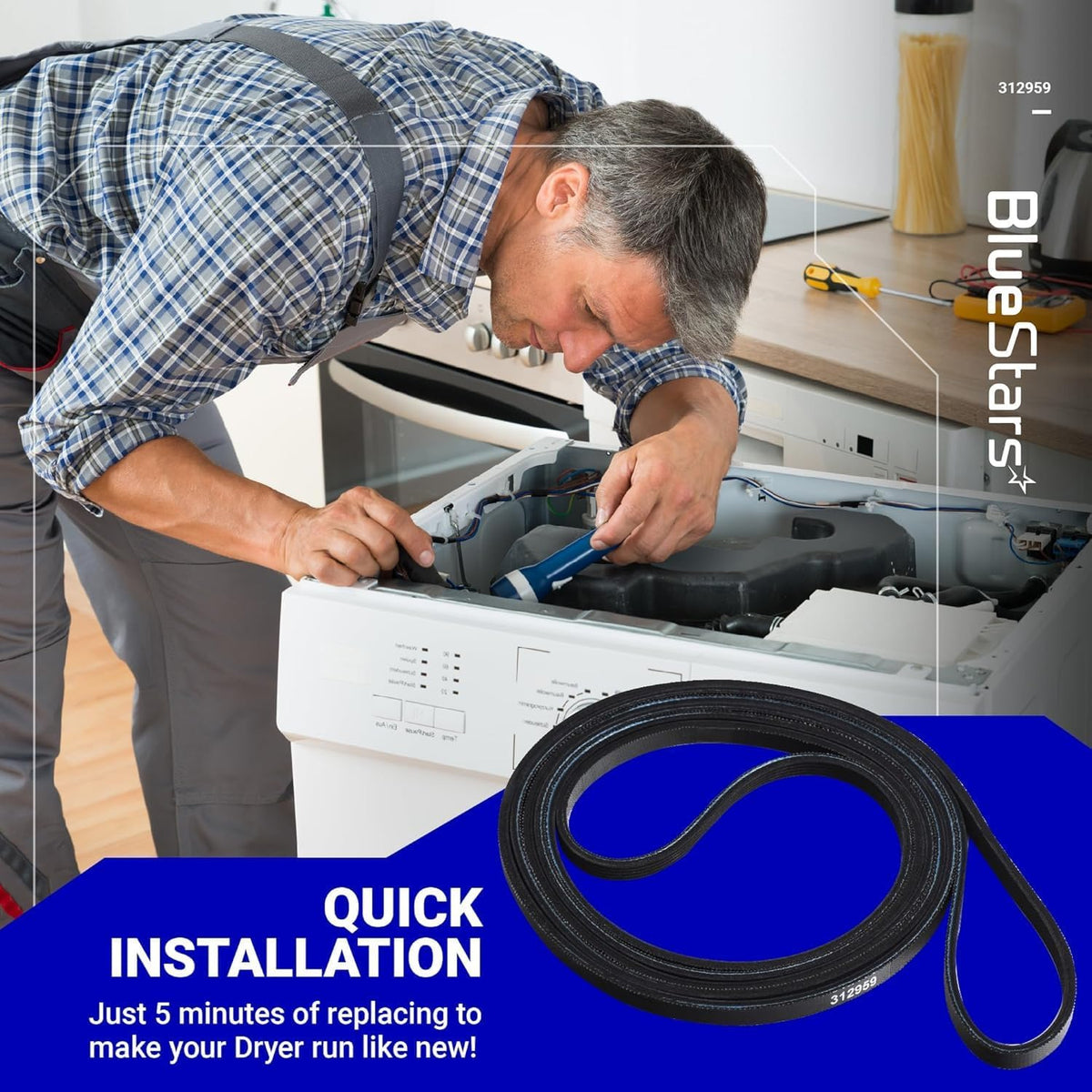 Y312959 dryer tumbler & motor belt, belt shown beside a technician servicing an open dryer