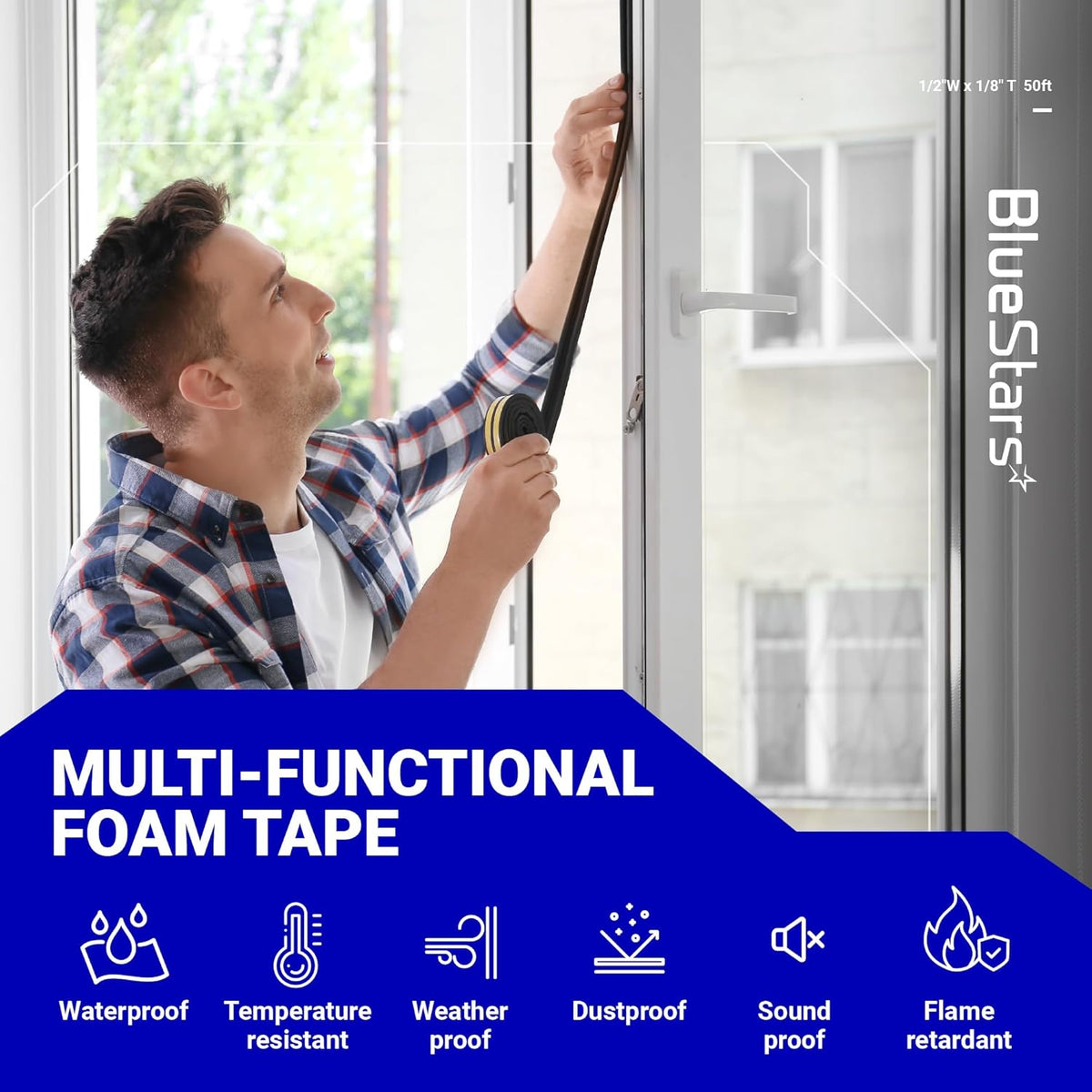 Man applying adhesive foam weatherstripping tape to a window frame for insulation.