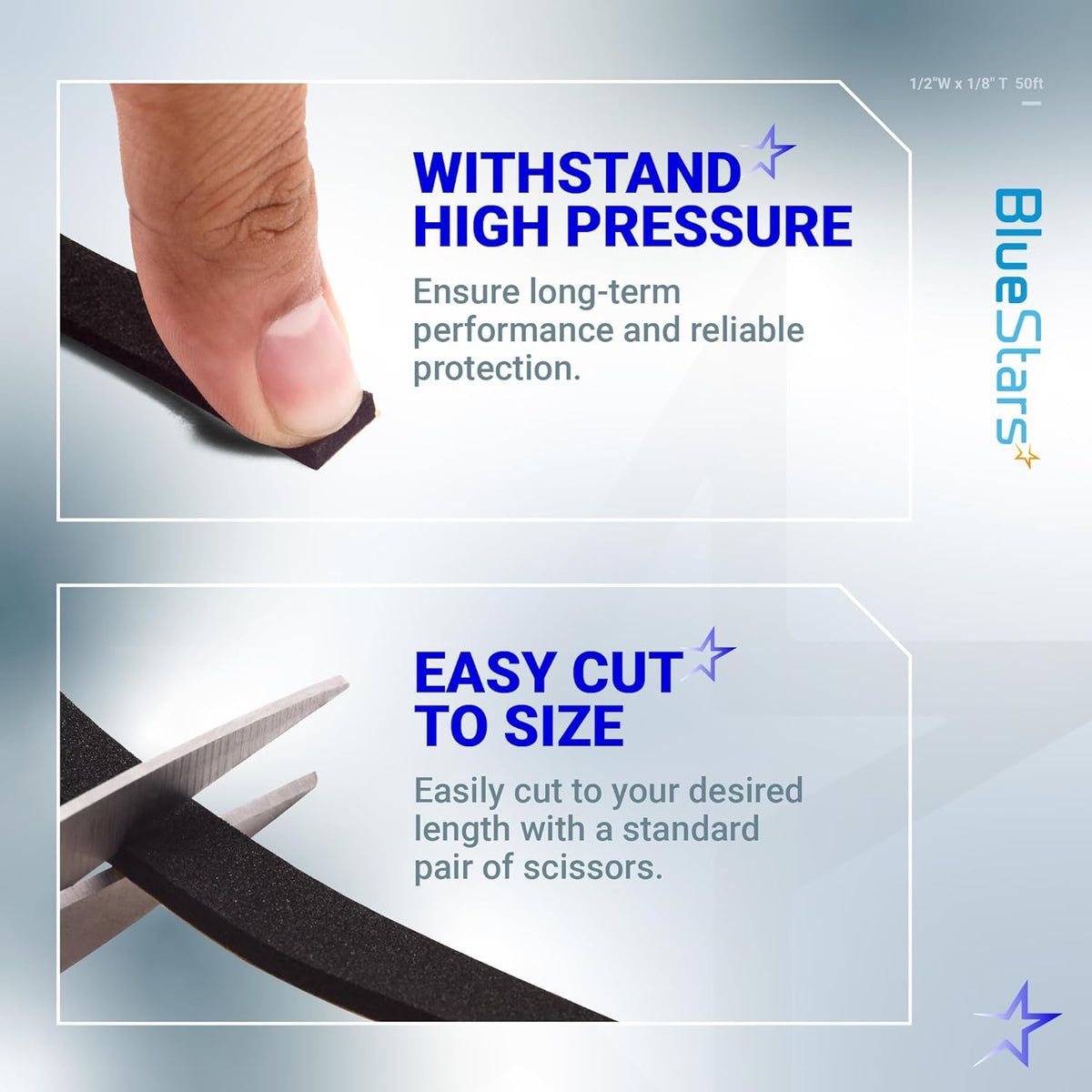 Infographic showing adhesive foam tape being pressed by a finger and cut to size with scissors.
