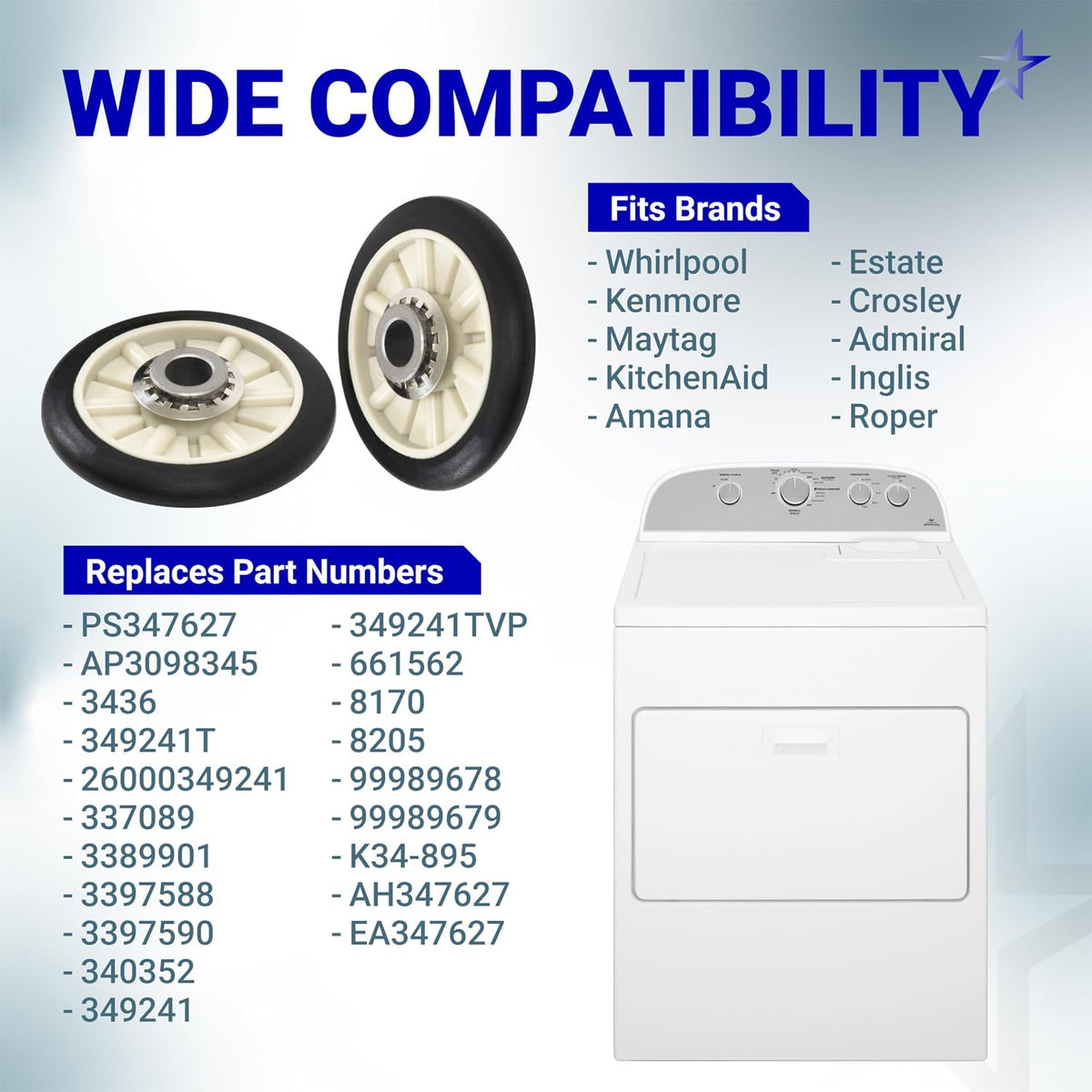 349241T Dryer Rear Drum Support Roller Kit, compatibility graphic with rollers, dryer, brands and part numbers