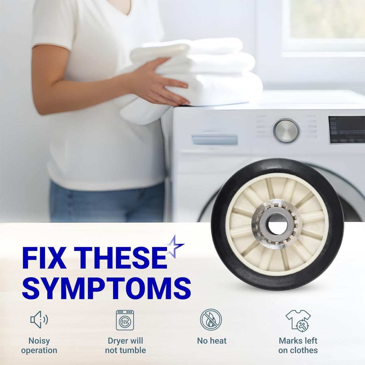 349241T Dryer Rear Drum Support Roller Kit shown beside a dryer with symptom icons for noise, no tumble, no heat and marks