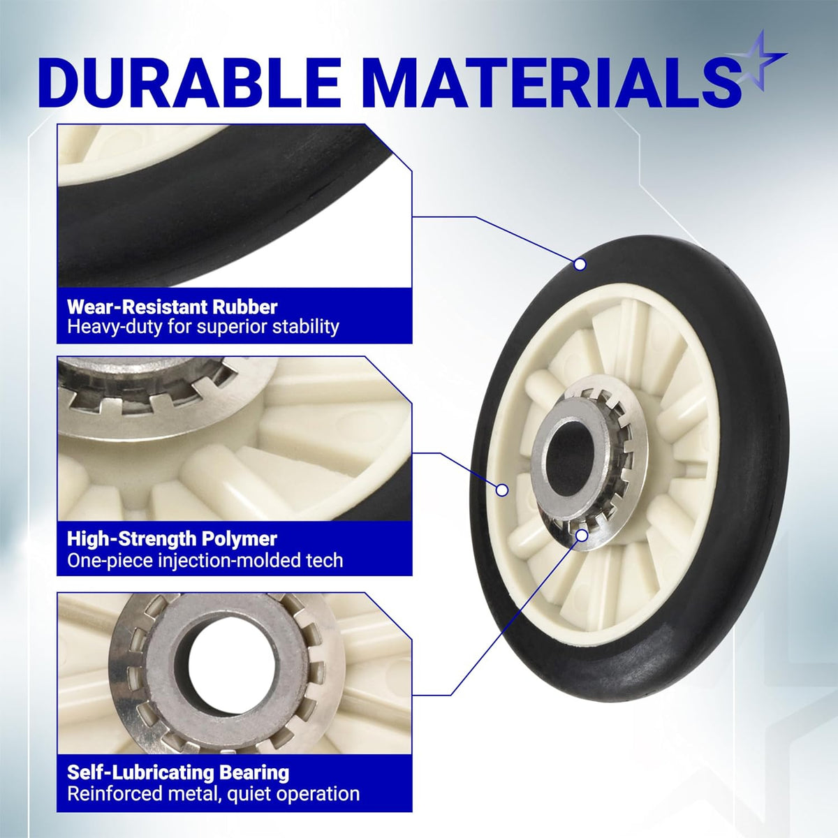 349241T Dryer Rear Drum Support Roller Kit, close-up showing material and bearing callouts
