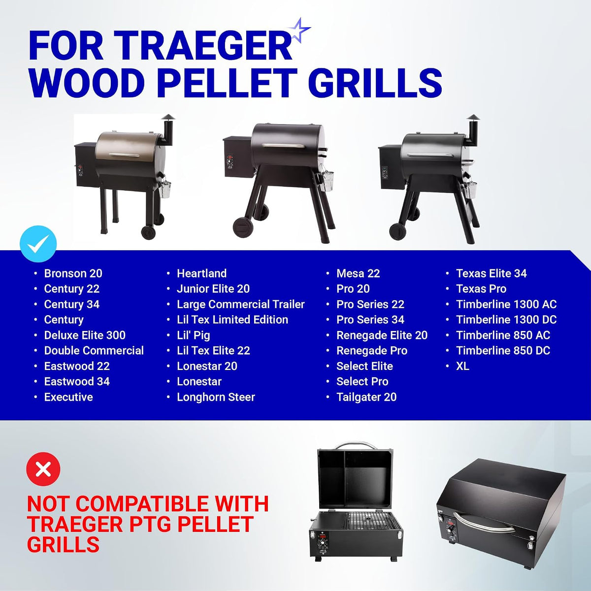 7" RTD Temperature Probe Sensor compatibility chart for Traeger wood pellet grills; PTG grills marked incompatible