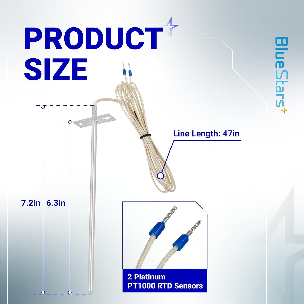 7" RTD Temperature Probe Sensor, product size diagram showing 7.2in and 6.3in dimensions, 47in wire, and two PT1000 sensors