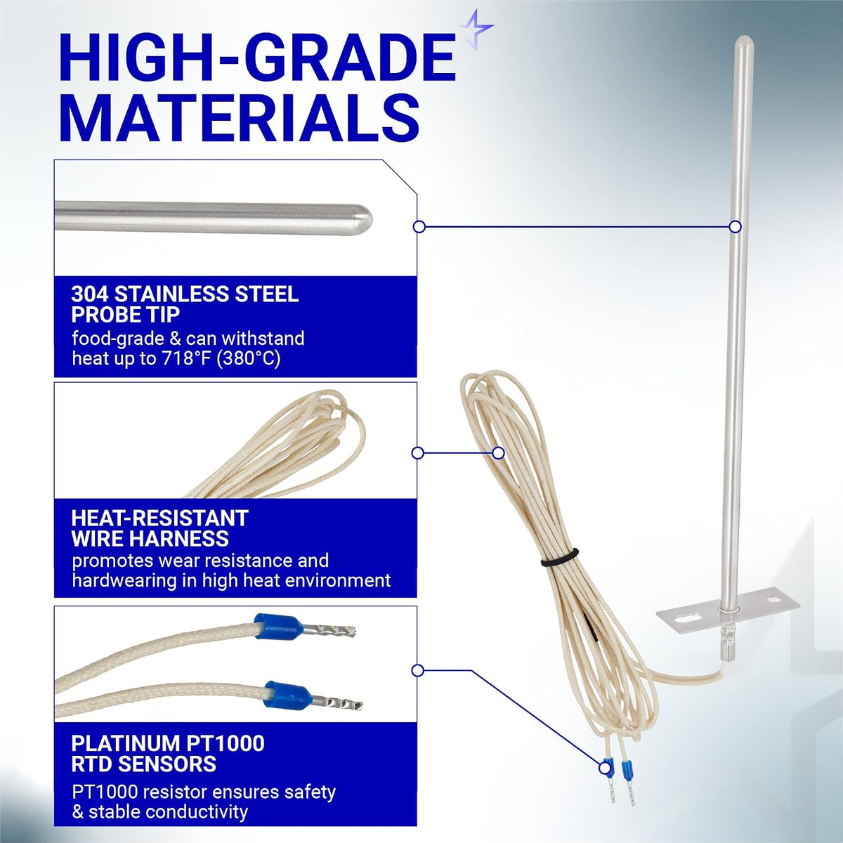 7" RTD Temperature Probe Sensor for Traeger Grill Probe, materials and component detail diagram