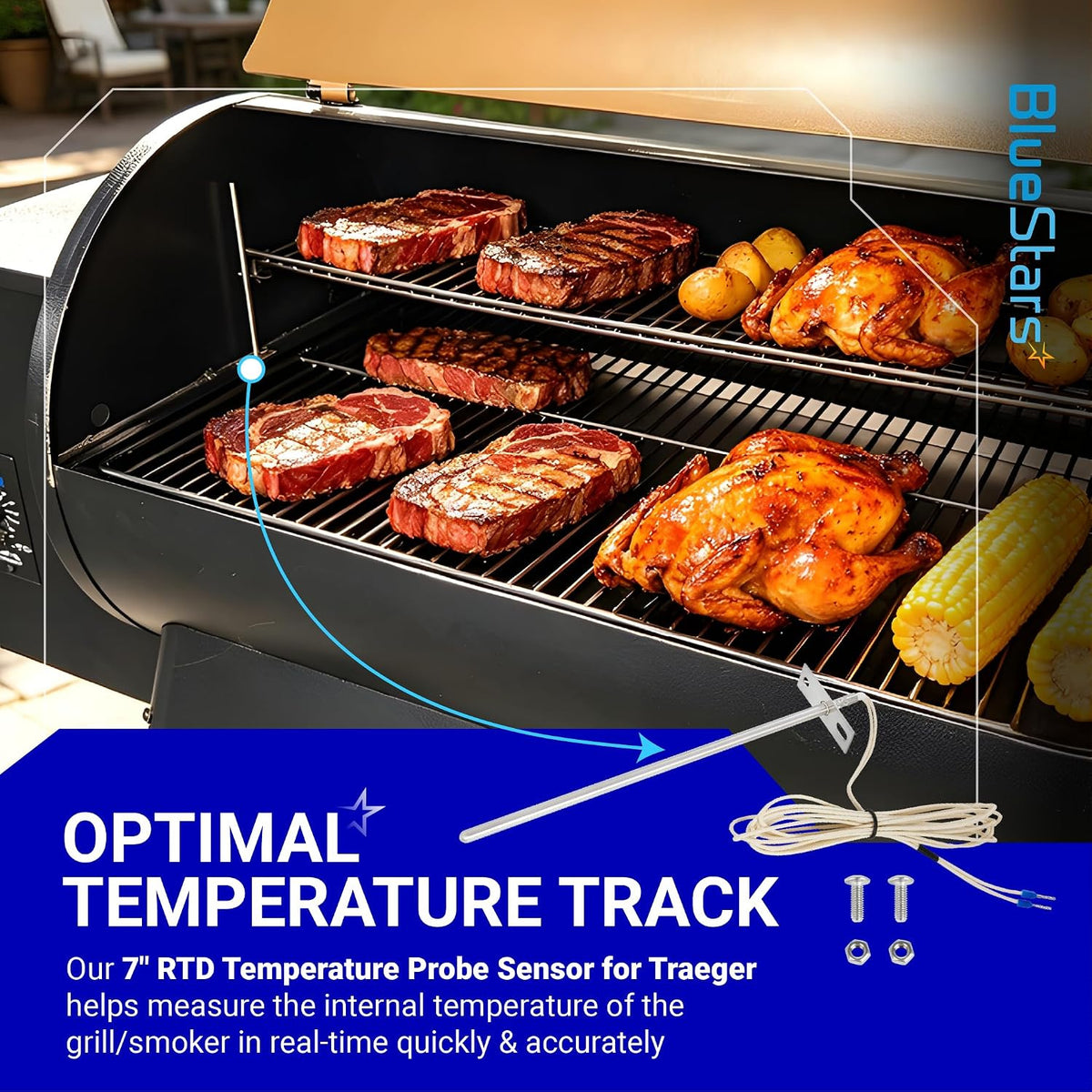 7" RTD Temperature Probe Sensor for Traeger Grill Probe illustrated with a grill, food, and optimal temperature tracking grap