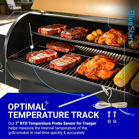 7" RTD Temperature Probe Sensor for Traeger Grill Probe illustrated with a grill, food, and optimal temperature tracking grap
