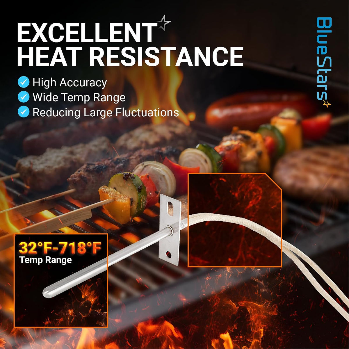 7" RTD Temperature Probe Sensor, graphic showing probe, 32°F–718°F range and heat resistance