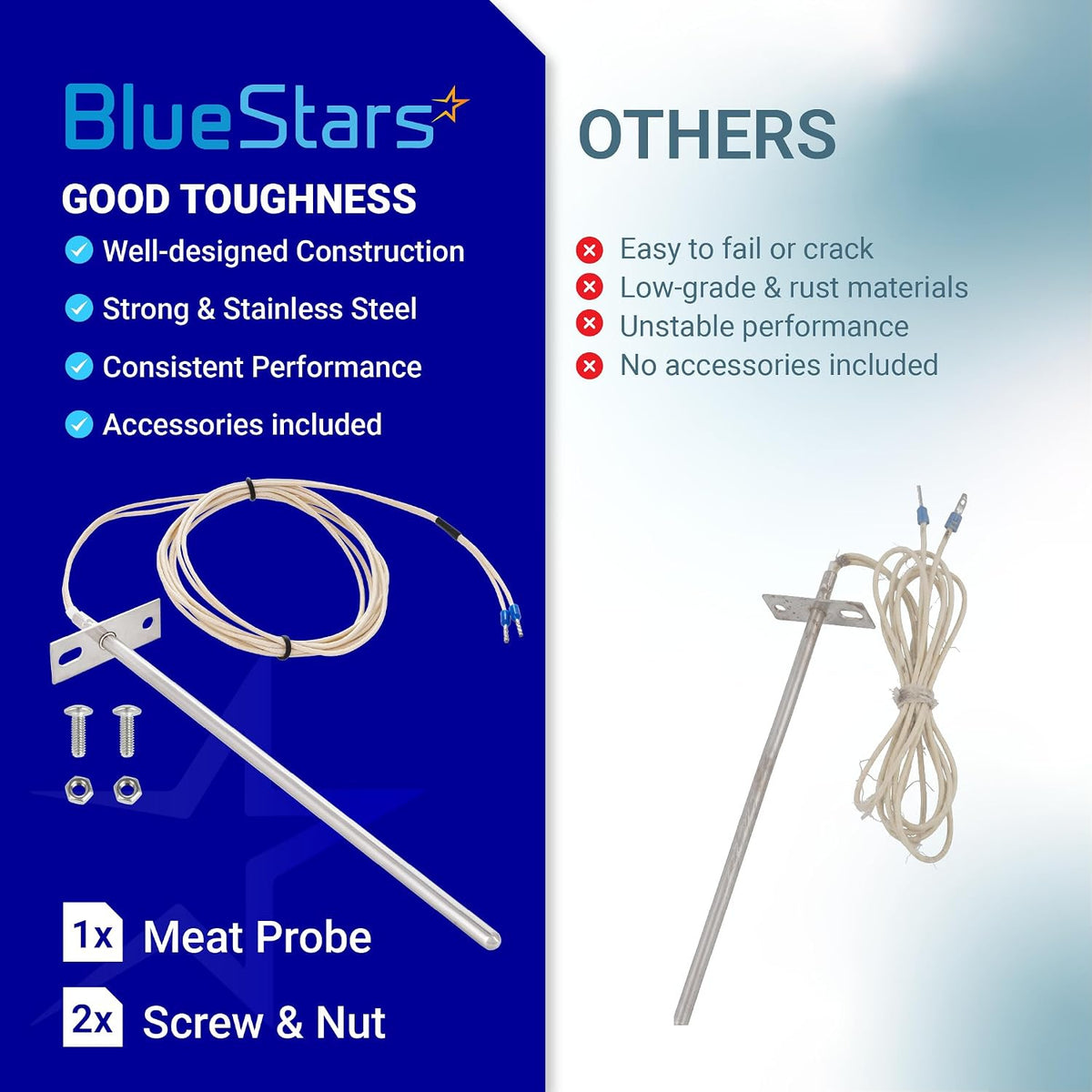 7" RTD Temperature Probe Sensor for Traeger Grill Probe, BlueStars comparison showing probe, cable, screws and nuts