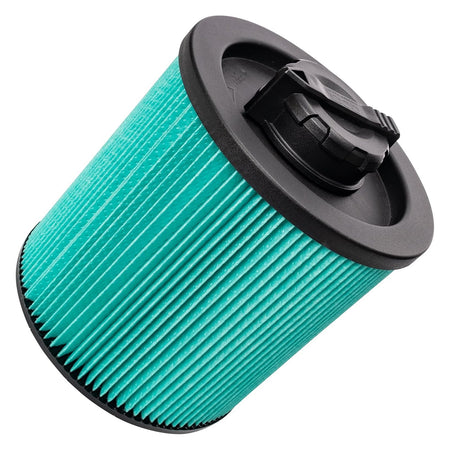 DXVC6914 HEPA cartridge filter replacement for DeWalt wet/dry vacuum cleaners with black locking cap.