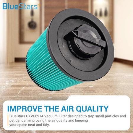 DXVC6914 HEPA cartridge filter replacement for DeWalt wet/dry vacuums with locking cap.