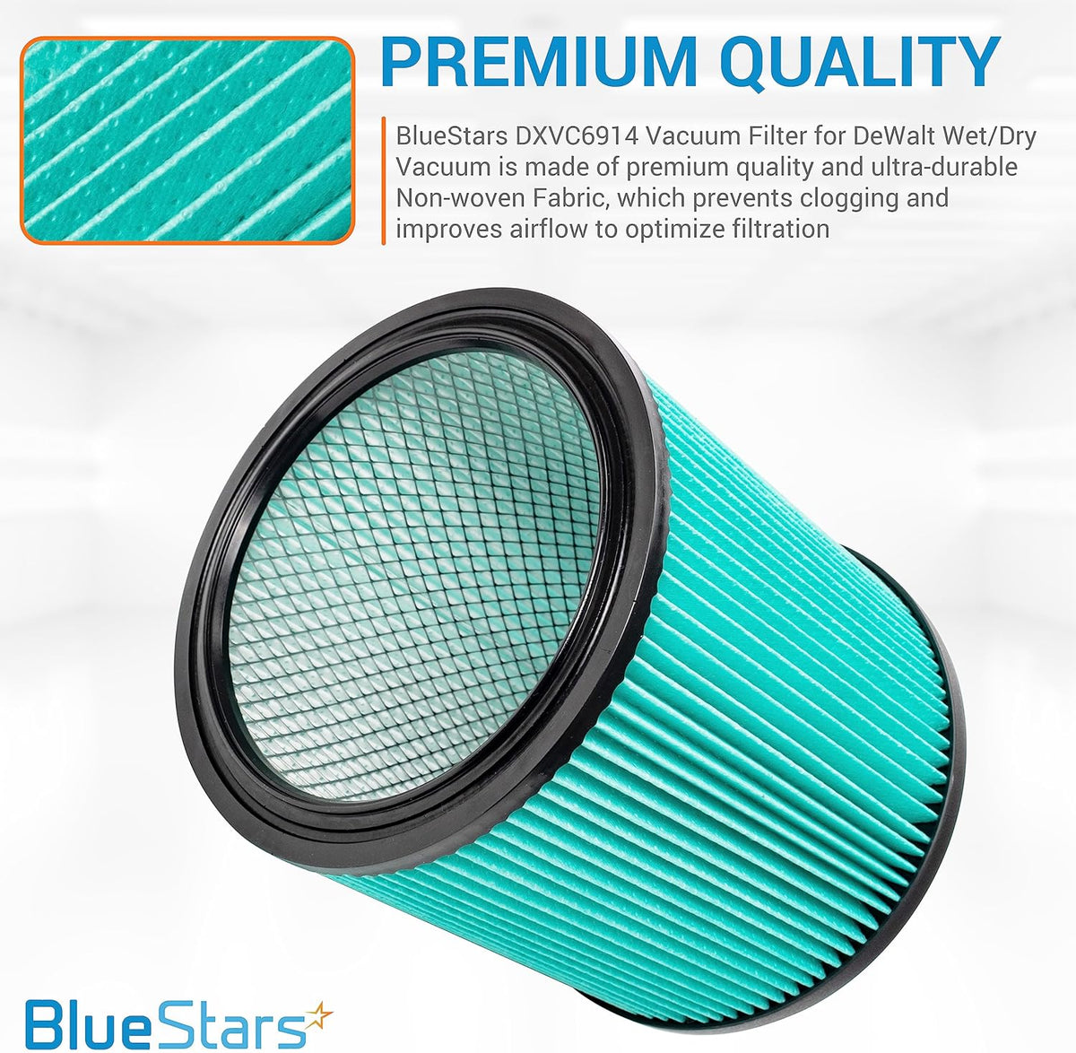 DXVC6914 HEPA cartridge filter replacement for DeWalt wet/dry vacuums with a close-up of the pleated filter material.