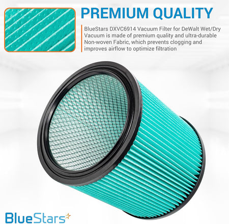 DXVC6914 HEPA cartridge filter replacement for DeWalt wet/dry vacuums with a close-up of the pleated filter material.