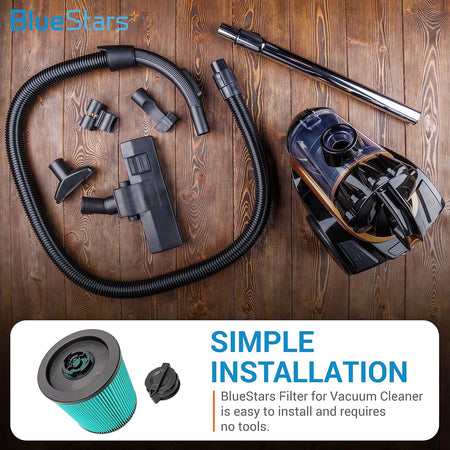 DXVC6914 HEPA cartridge filter replacement for DeWalt wet/dry vacuums shown with vacuum cleaner and accessories.