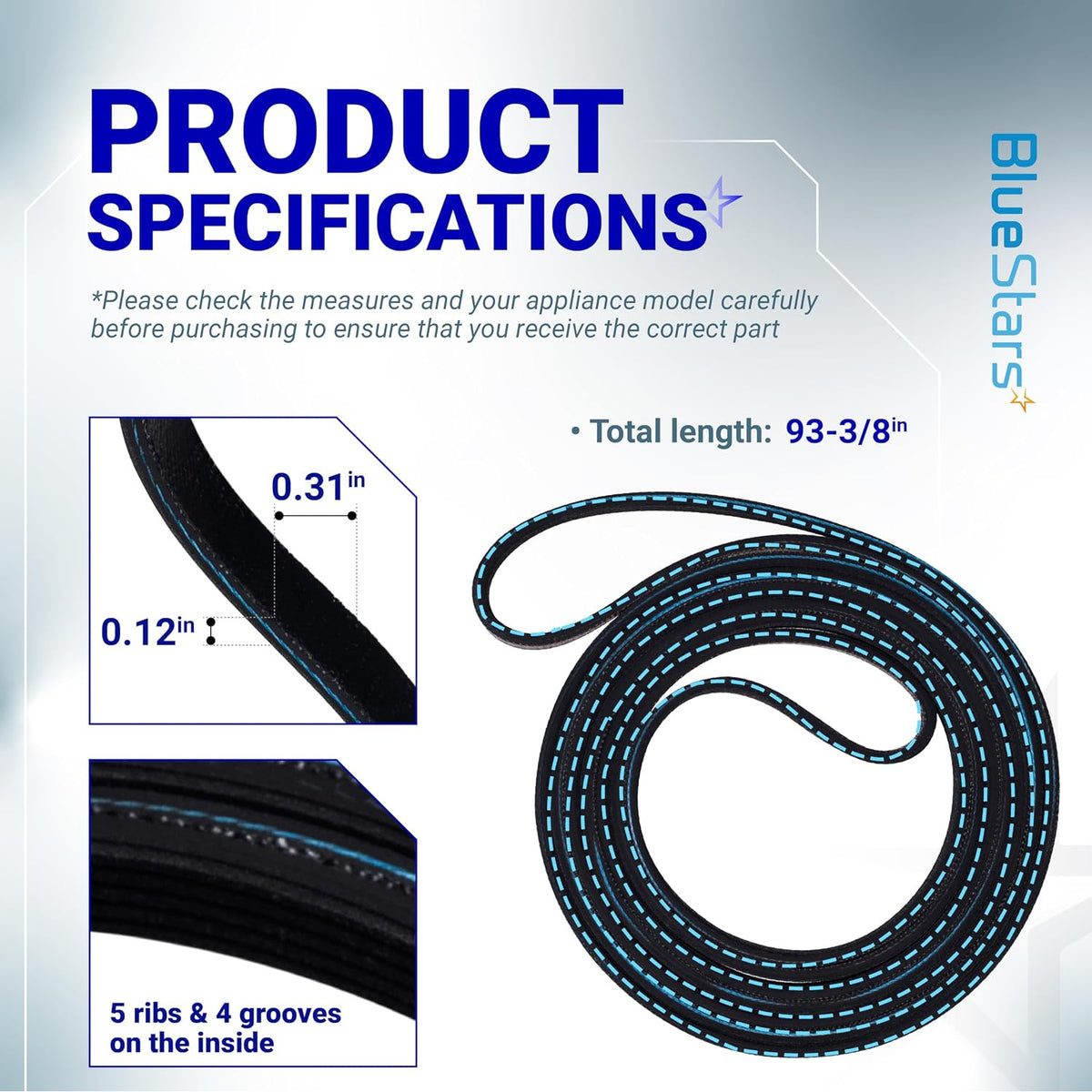 40111201 Dryer Drum Belt - Dimensions diagram: 93-3/8 in length, 0.31 in width, 0.12 in thick; 5 ribs, 4 grooves