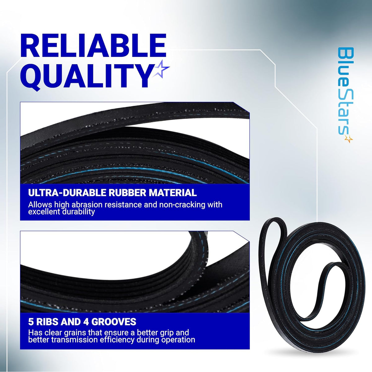 40111201 Dryer Drum Belt, graphic showing a coiled belt with close-ups of rubber material and ribs and grooves