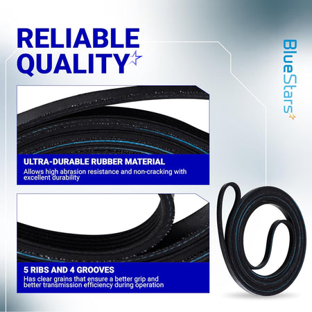 40111201 Dryer Drum Belt, graphic showing a coiled belt with close-ups of rubber material and ribs and grooves