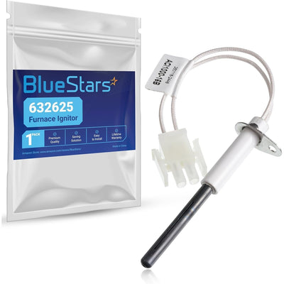 632625 furnace ignitor with wiring harness and mounting bracket next to BlueStars branded packaging.