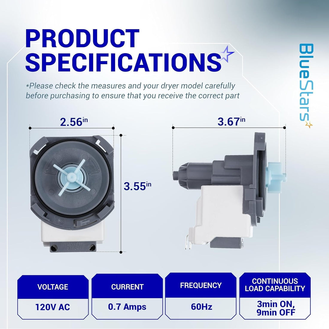 DD81-02635A dishwasher drain pump technical specification diagram with dimensions and electrical ratings.