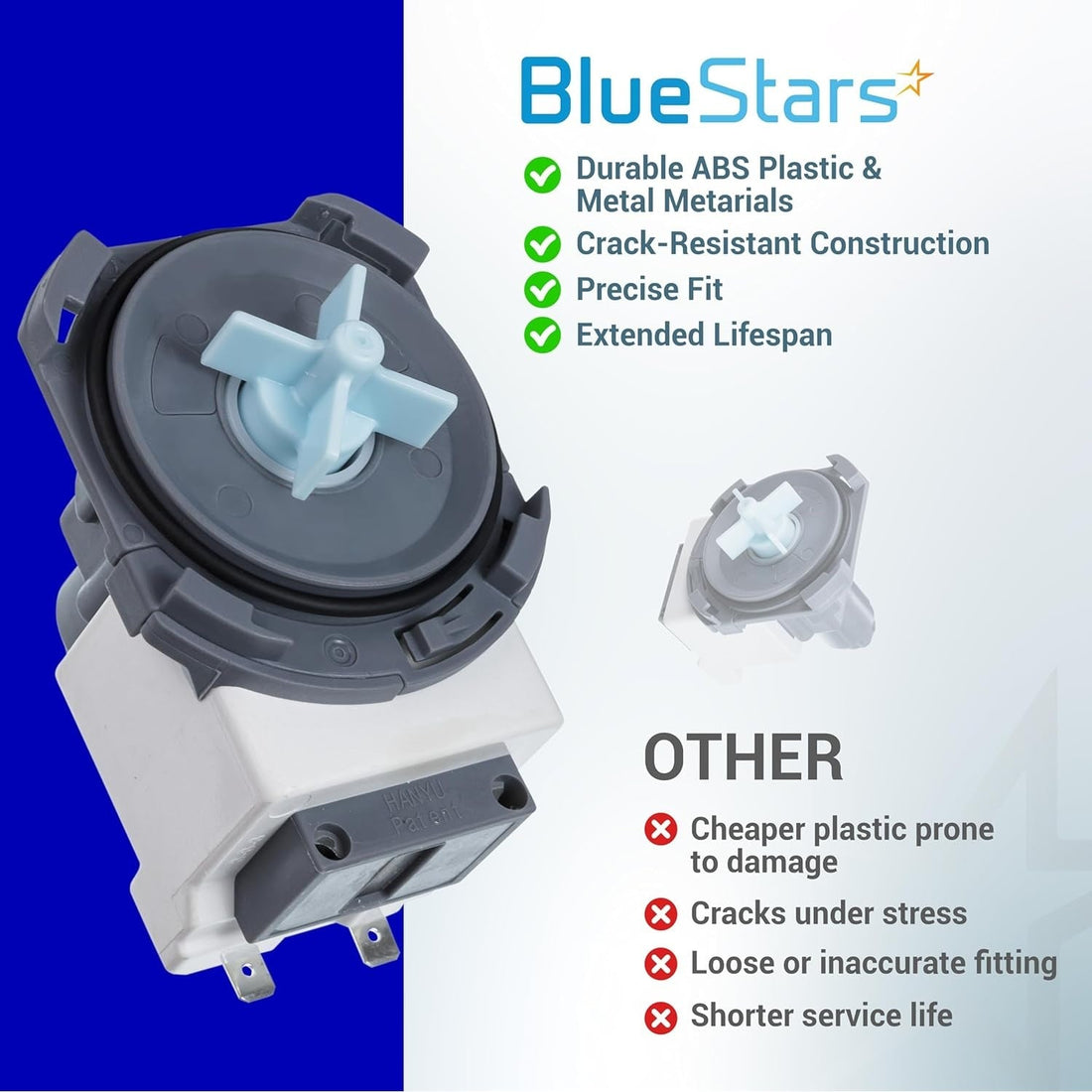 DD81-02635A dishwasher drain pump comparison graphic highlighting durable construction features.