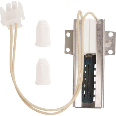 WB13K21 gas range oven igniter with wire harness, mounting bracket, and two wire nuts.